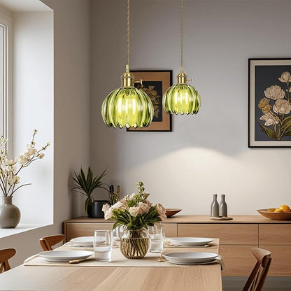 Mini Flower Hanging Lamp Plug in Pendant Light Fixtures, 15Ft Green Glass Pendant Lights Kitchen Island Dining Room Bedroom Living Room, LED Bulb Included