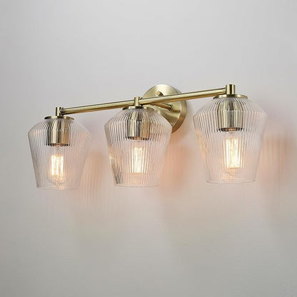 GLOBE Electric 63000063 5-Piece All-in-One Bathroom Set, Matte Brass Finish, 3-Light Vanity Light, Glass Shades, Towel Bar, Toilet Paper Holder, Towel Ring, Robe Hook, Bathroom Lights Over Mirror