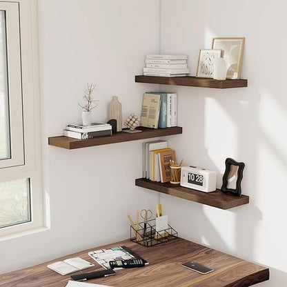 Fun Memories Floating Shelves for Wall, 32W x 8D Floating Wall Shelves with Invisible Brackets Set of 2, Hanging Rustic Wood Shelf Decoration for Bedroom, Bathroom, Living Room and Kitchen, Walnut