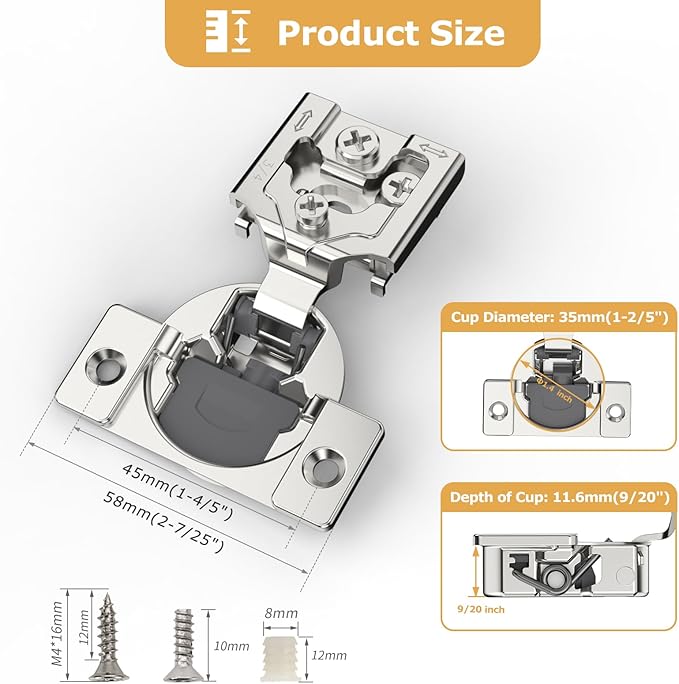 Furniware 50 Pieces 3/4 inch Overlay Soft Close Cabinet Hinges for Face Frame Cabinet, Stainless Steel, 105° Opening Angle, Concealed Self Closing Door Hinges- 3 Way Adjustment
