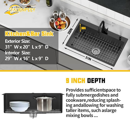 Black 31x20 Inch Drop In Kitchen Sink-Stainless Steel Single Bowl Topmount Kitchen Sink Stylish And Modern Look With Bottom Grid,Silicon Mat And Drain Assembly Add Elegance & Enhance Usability