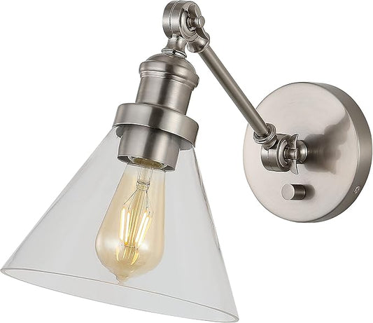 JONATHAN Y 8" Nickel Adjustable LED Wall Sconce, Plug-in Wall Lamp with Dimmer Switch, Clear Glass Shade for Bedroom Living Room Kitchen, LED Bulb Included (JYL7575B)