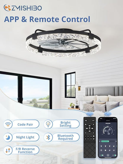 ZMISHIBO Ceiling Fans with Lights and Remote, 24 Inch Flush Mount Fan Light, 6 Speeds, 3CCT, Dimmable, Low Profile Ceiling Fan, Modern Ceiling Fan with Light for Bedroom and Living Room, Black