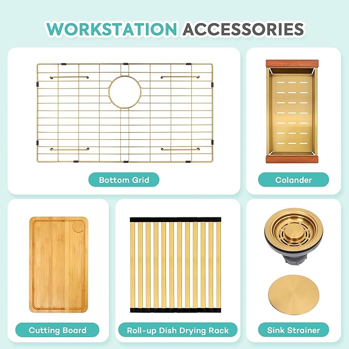 Rhbamoa Gold Kitchen Sink,31 Inch Gold Drop in Kitchen Sink Single Bowl,16 Gauge T304 Stainless Steel Workstation Sinks,10 Inch Deep Topmount Sinks with All Accessories