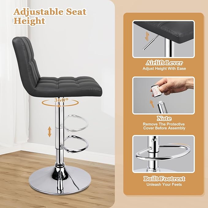 ERGOSEAT 6-Squares Back with Double Needle Adjustable Bar Stools, Set of 2, Black