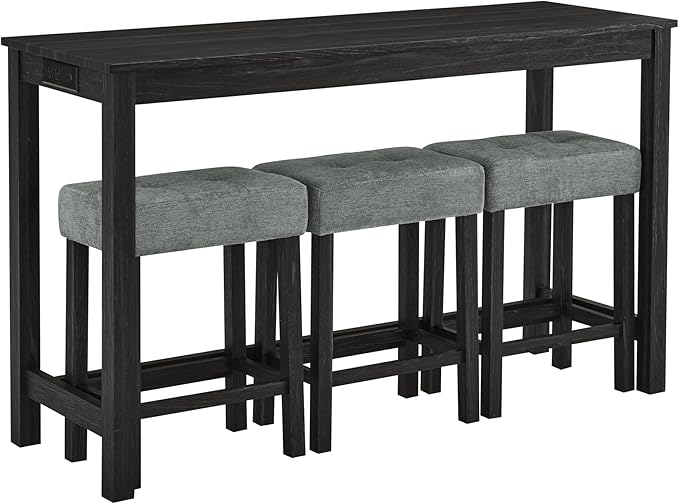 4-Piece Kitchen Island Counter-Table Set with Charging Station, Industrial 59" Dining Tables with 3 Stools, 59 Inch Farmhouse Bar Table Chairs w/USB & Type-C & Power Outlets, Black