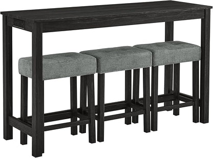 4-Piece Kitchen Island Counter-Table Set with Charging Station, Industrial 59" Dining Tables with 3 Stools, 59 Inch Farmhouse Bar Table Chairs w/USB & Type-C & Power Outlets, Black