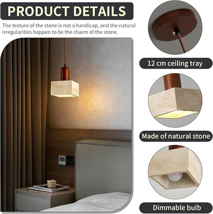 Japanese Wabi sabi Pendant Light with Natural Stone Shade, Dimmable Modern Wood Hanging Lamp Fixture, Adjustable Height Pendant Lamp for Bedroom, Kitchen Island, Dining Room, Restaurant, Cafe, Bar (K)