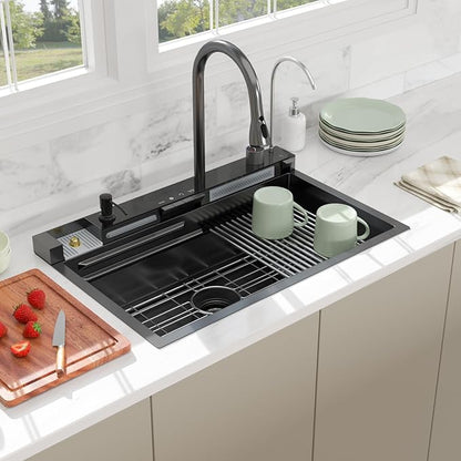 30 Inch Waterfall Kitchen Sink - Beslend 30x19 Drop In Waterfall Sink Nano Black Workstation Smart Sinks 16 Gauge Stainless Steel Single Bowl Black Basin with Faucet Combo