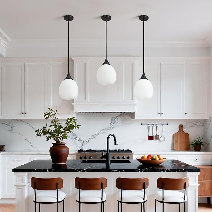Kitchen Island Pendant Light: Mid Century Matte Black Hanging Light Fixtures with Frosted Glass Globe - 10 Inch Farmhouse Chandeliers Ceiling Lighting for Dining Room