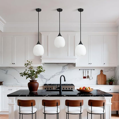 Kitchen Island Pendant Light: Mid Century Matte Black Hanging Light Fixtures with Frosted Glass Globe - 10 Inch Farmhouse Chandeliers Ceiling Lighting for Dining Room