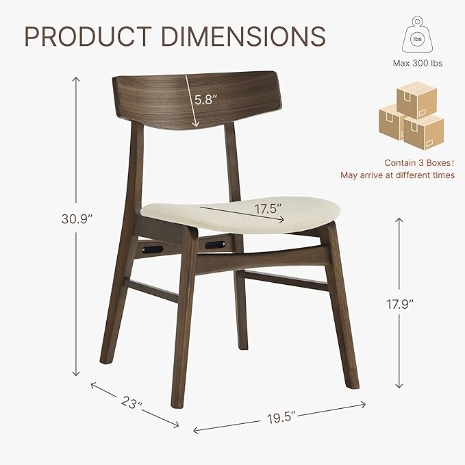 KISLOT Wooden Dining Chairs Set of 6, Upholstered Modern Dining Room Chairs, Mid Century Oak Kitchen Chairs with Curved Wood Backrest for Kitchen, Restaurant, Farmhouse (Cream Fabric & Walnut Color)