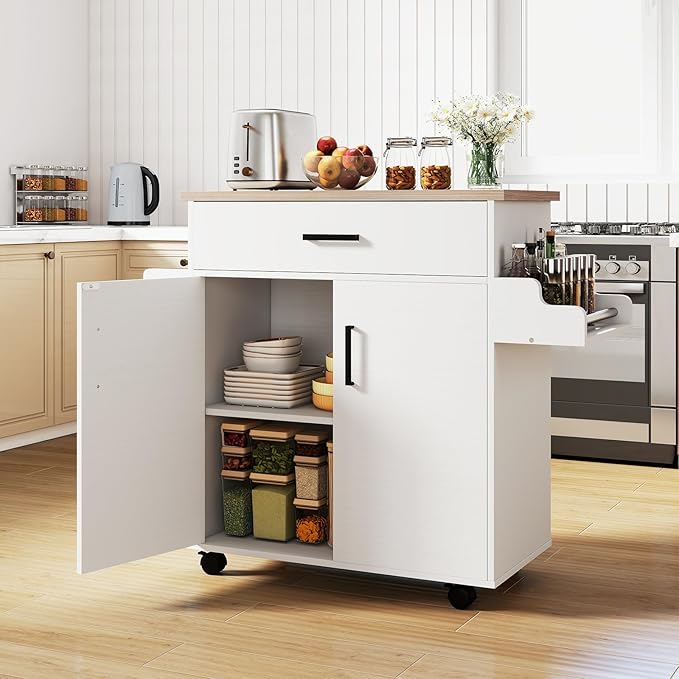 Giantex Kitchen Island with Storage, 41.5" W Rolling Island Table with Cabinet, Drawer, Towel Rack & Spice Rack, Bar Kitchen Cart On Wheels for Living Dining Room, White
