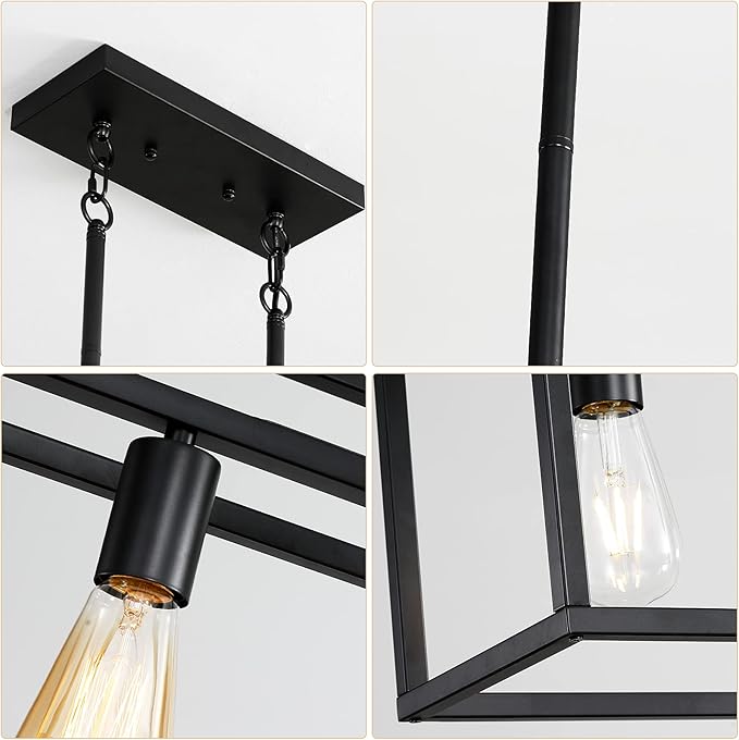 Black Kitchen Island Lighting, Modern Linear Cage Retangular Chandelier, 3 Lights Industrial Metal Hanging Light Fixture for Farmhouse Kitchen Dining Room Bar Foyer