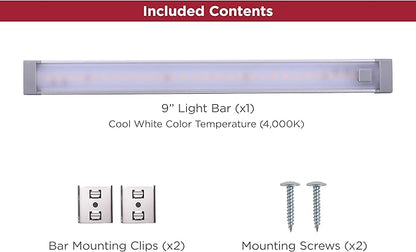 PureOptics LED Push Wire® Under Cabinet Light Bar, Plug-in or Hardwire, 9", Cool White, Gray, (LEDUC9-1CB)