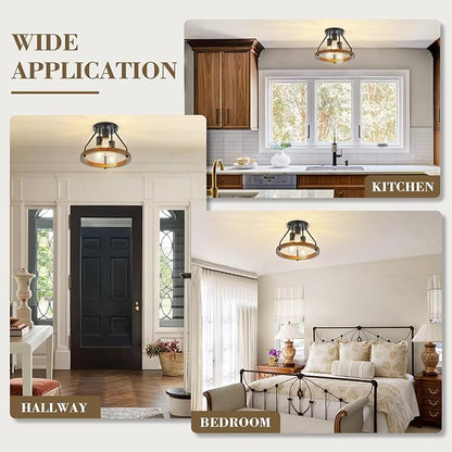Retro Industrial Flush Mount Ceiling Light Fixture with Wood Circle Shade 3-Light Rustic Black Ceiling Light for Hallyway Entryway Bedroom Kitchen Sink