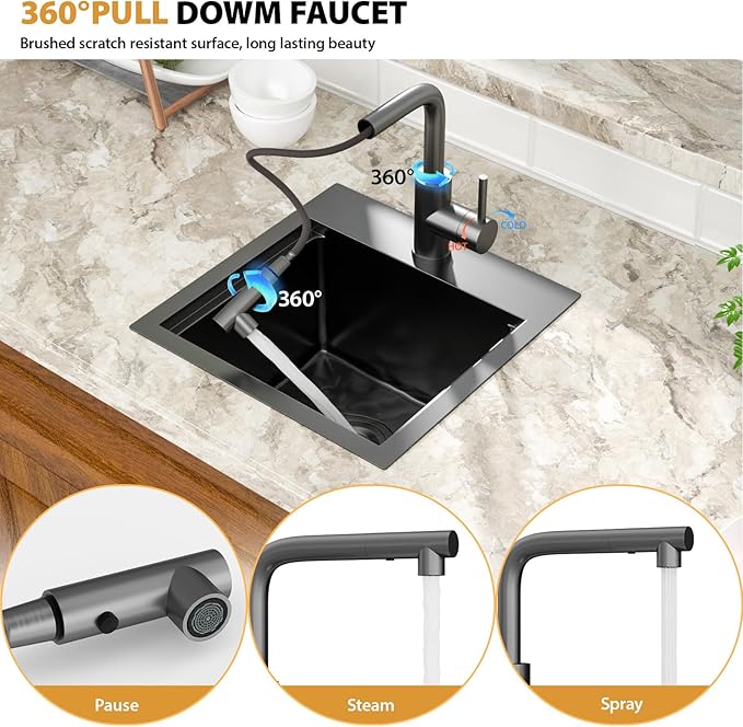 Mocoloo 15 Inch Black Bar Sink with Faucet, 16 Gauge Drop in Workstation Sink - 15x15x9" Stainless Steel Single Bowl Small Rv Kitchen Sink with Pull-Out Faucet