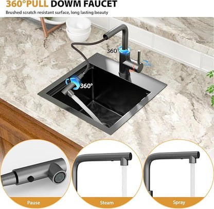 Mocoloo 15 Inch Black Bar Sink with Faucet, 16 Gauge Drop in Workstation Sink - 15x15x9" Stainless Steel Single Bowl Small Rv Kitchen Sink with Pull-Out Faucet