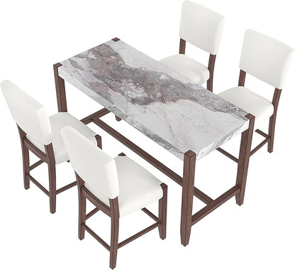 Merax 5-Piece Counter Height Dining Set with 1 Faux Marble Top Bar Table and 4 Upholstered Chairs, Mid-Century Modern Kitchen Table Set for Dining Room, Pub Kitchen