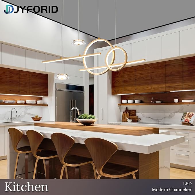 Modern Gold LED Dining Room Light Fixture with Remote Control, 38.5" 38W 3-Color Temp Stepless Dimmable Island Pendant Lights, Hanging Adjustable Linear Chandelier for Kitchen Bar