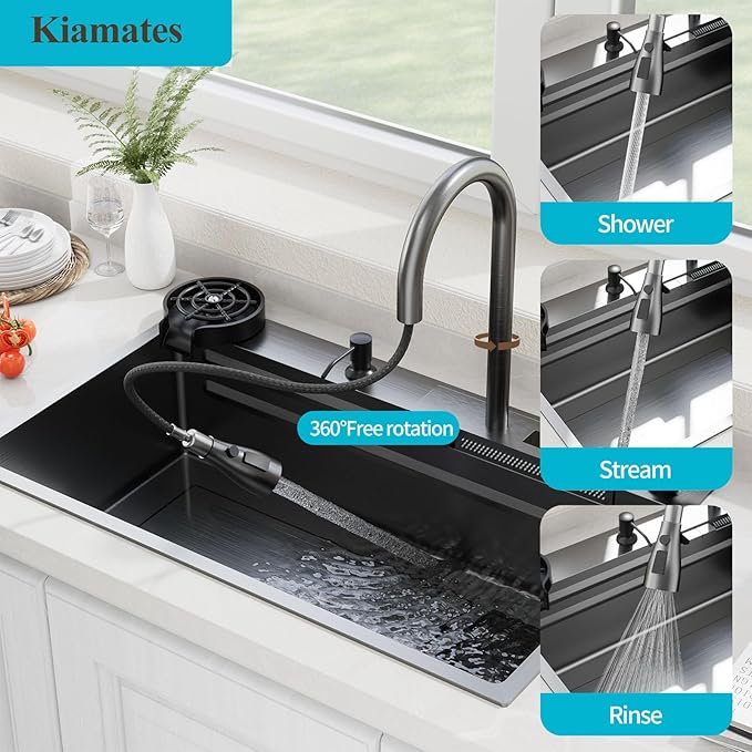 Smart Waterfall Kitchen Sink 29.5 Inch, Black Stainless Steel Workstation Sink with Digital Display Faucet, Drop In Single Bowl Kitchen Sink with Accessories, Modern Deep Kitchen Sink