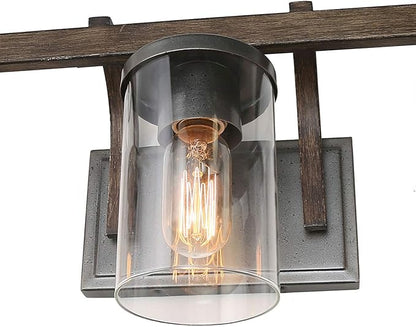 LALUZ Bathroom Vanity Light Fixtures, 3-Light Farmhouse Vanity Light with Clear Glass Shades, Faux Wood, 20’’ L x 6.3’’ W x 8.7’’ H