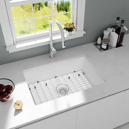 White Kitchen Sink, White Granite Composite Kitchen Sinks with Accessories, 30 Inch Undermount Quartz Stone Kitchen Sink, 30" x 19" x 9" Large and Deep Single Bowl Kitchen Sinks