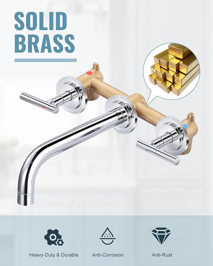 Wall Mount Bathroom Faucet - WOWOW Chrome Bathroom Sink Faucet - 2 Handle Wall Mount Vessel Sink Faucet 3 Holes Elegant Classic Spout Rough in Brass Valve Included