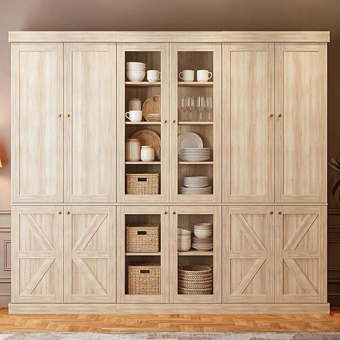 70.8" Tall Farmhouse Kitchen Pantry Cabinet with Glass Doors, Modular Storage Cabinet with 6-Tier Adjustable Shelves, Large Storage Cabinet for Kitchen or Living Room, Set of 3, Brown