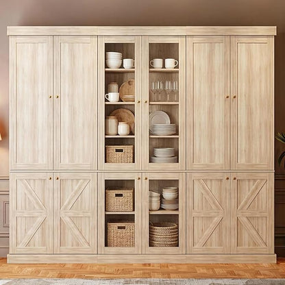 70.8" Tall Farmhouse Kitchen Pantry Cabinet with Glass Doors, Modular Storage Cabinet with 6-Tier Adjustable Shelves, Large Storage Cabinet for Kitchen or Living Room, Set of 3, Brown