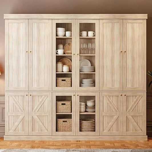 70.8" Tall Farmhouse Kitchen Pantry Cabinet with Glass Doors, Modular Storage Cabinet with 6-Tier Adjustable Shelves, Large Storage Cabinet for Kitchen or Living Room, Set of 3, Brown
