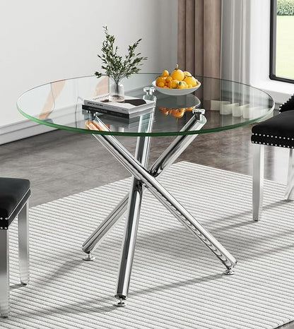 36" Round Glass Dining Table for 4, Modern Dining Room Table with Silver Metal Cross Legs, Adjustable Foot Pads, Tempered Glass Top Kitchen Dinner Tables for Kitchen Dining Room Small Apartment