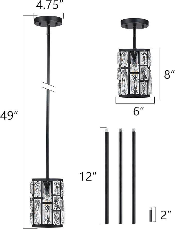 MEXO Modern Crystal Pendant Light Fixture 2-Pack Matte Black Finish Hanging Lighting Crystal Chandelier for Living Room, Kitchen