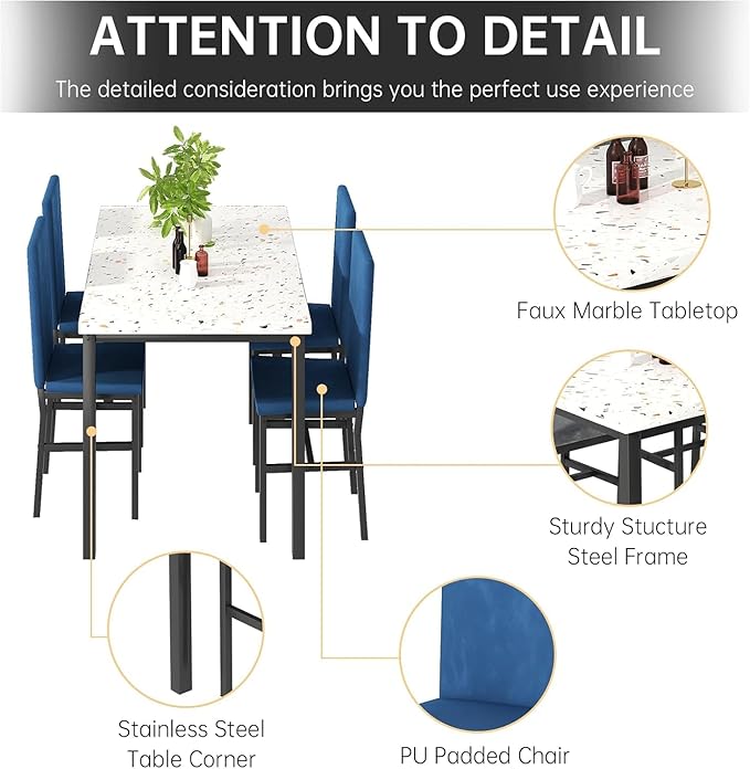 tantohom Dining Table Set for 4, Space Saving Kitchen Table and Chairs Set of 4, 5 Piece Modern Dining Room Table Set with Faux Marble Top and PU Leather Chairs for Small Space, Apartment