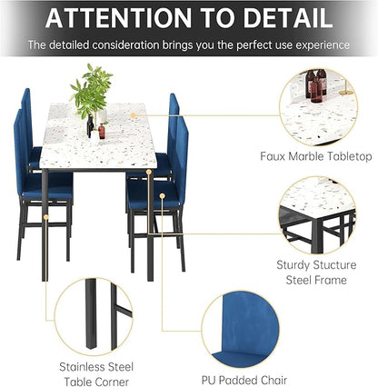 tantohom Dining Table Set for 4, Space Saving Kitchen Table and Chairs Set of 4, 5 Piece Modern Dining Room Table Set with Faux Marble Top and PU Leather Chairs for Small Space, Apartment