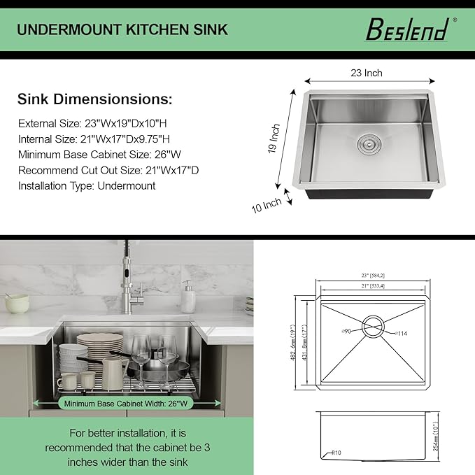 23 Undermount Kitchen Sink - Beslend 23x19 Inch Under Counter Sinks Stainless Steel Ledge Workstation Sink 16 Gauge Single Bowl 10 Inch Deep Kitchen Basin