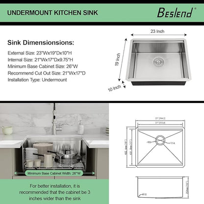 23 Undermount Kitchen Sink - Beslend 23x19 Inch Under Counter Sinks Stainless Steel Ledge Workstation Sink 16 Gauge Single Bowl 10 Inch Deep Kitchen Basin