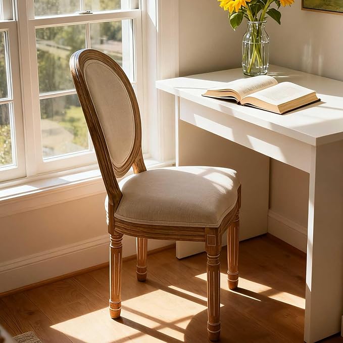 LZMS Vintage Dining Chairs Set of 2, Vintage Farmhouse Style Rubber Wood Room Chairs, Round Back, Solid Wood Frame, Beige Fabric Upholstery French Country Chairs for Kitchen, Bedroom, Dining Room