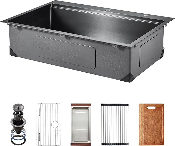 VEVOR Drop In Kitchen Sink 33 Inch Kitchen Sink Workstation, 304 Stainless Steel Top Mount Sinks, Drop-In Single Bowl with Ledge & Multiple Accessories Sink for RV, Prep Kitchen, Bar 33 x 22 x 9inch