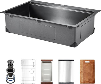 VEVOR Drop In Kitchen Sink 33 Inch Kitchen Sink Workstation, 304 Stainless Steel Top Mount Sinks, Drop-In Single Bowl with Ledge & Multiple Accessories Sink for RV, Prep Kitchen, Bar 33 x 22 x 9inch