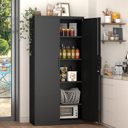 GREATMEET Metal Garage Storage Cabinets, 72" Tall Locking Cabinets with Doors and Shelves, Utility Cabinet with Lock for Garage, Home, Black