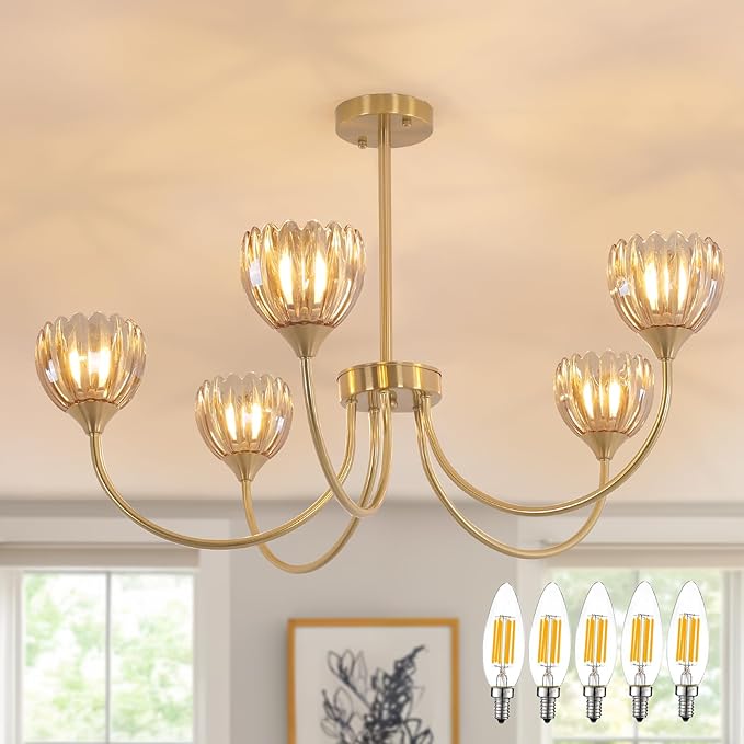 Shenmoyl 30.31" Brass Gold Chandelier, 5-Light Chandelier Light with Amber Tulip Glass Lampshade, Height Adjustable Vintage Chandeliers for Dining Room Living Room Kitchen Island