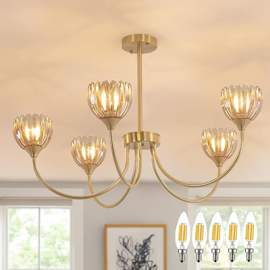 Shenmoyl 30.31" Brass Gold Chandelier, 5-Light Chandelier Light with Amber Tulip Glass Lampshade, Height Adjustable Vintage Chandeliers for Dining Room Living Room Kitchen Island