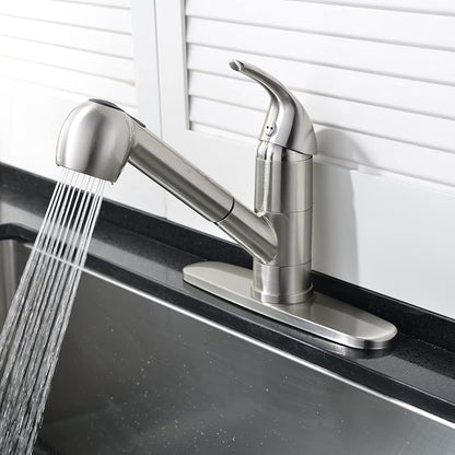 Kitchen Faucet with Pull Out Sprayer, Low Profile Stainless Steel Single Handle Brushed Nikcel Utility Laundry Sink Faucet 1 or 3 Hole Grifo De Cocina