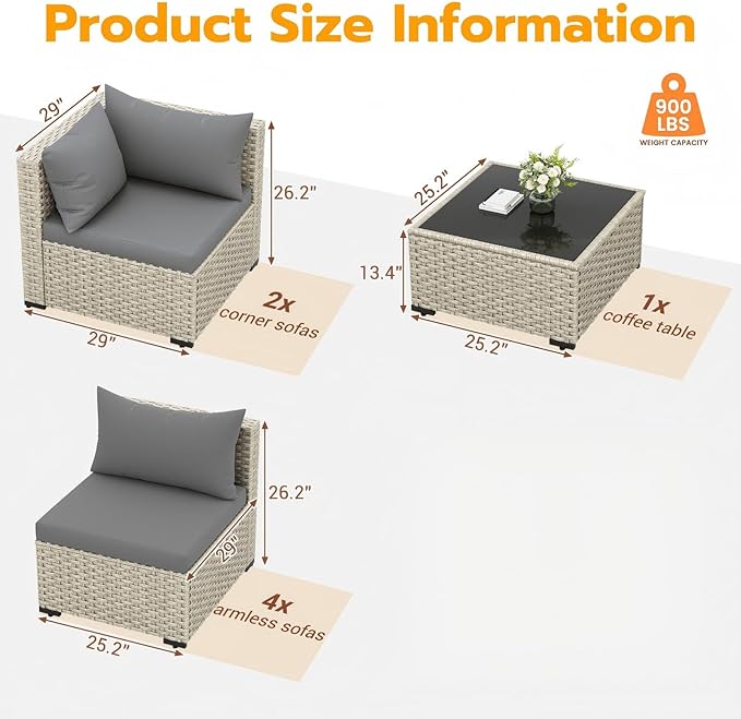 UDPATIO Outdoor Patio Furniture Set, 7-Piece PE Wicker Sectional Sofa with Tea Table, Outdoor Conversation Set for Patio, Garden, Backyard Grey