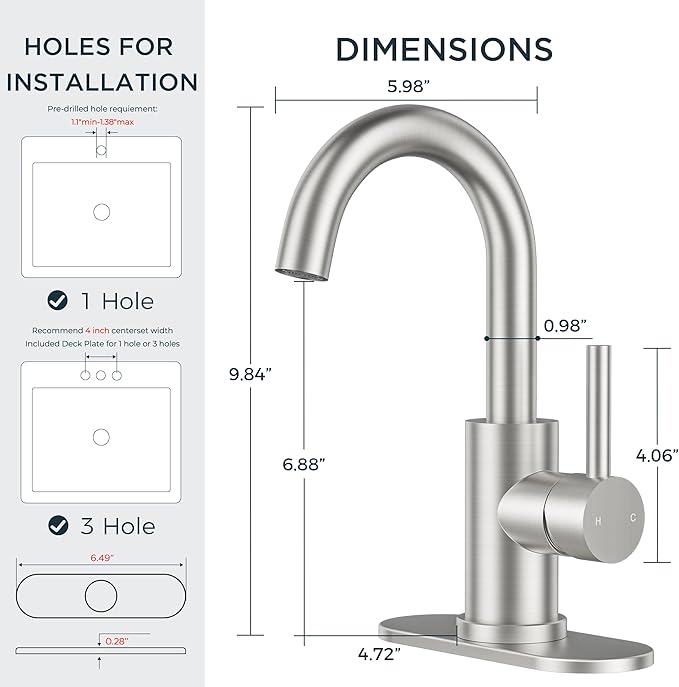 FORIOUS Black Bathroom Faucet 1 or 3 Hole Single Handle, Brushed Nickel Bathroom Sink Faucet 2 Pack, with cUPC Supply Line and Metal Pop Up Drain, Suitable for Bar RV Vanity