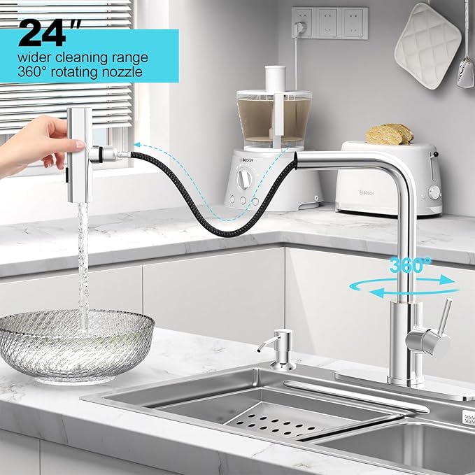 AVSIILE Waterfall Kitchen Faucets with Pull Down Sprayer & Soap Dispenser in Chrome, Single Hole, Single Handle, Pull Out Tap, Stainless Steel Sink Faucet, Suitable for Farmhouse Camper Laundry Rv Bar