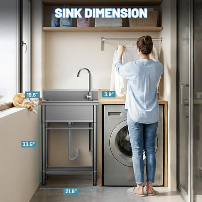 Utility Sink Free Standing Single Bowl Kitchen Sink with Cold and Hot Water Pipe Stainless Steel Sink for Garage Shop Laundry Room Farmhouse Mens Gifts Ourdoor Indoor
