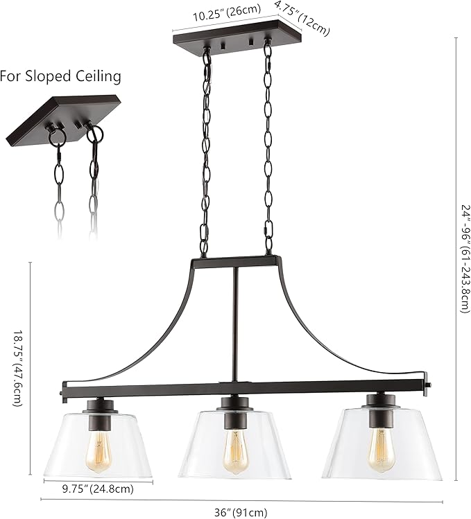 JONATHAN Y 36" Oil Rubbed Bronze 3-Light Iron and Glass Linear Pendant Light, Industrial Farmhouse Fixture for Kitchen Island Dining Room, UL Listed, LED Bulbs Included JYL7590A