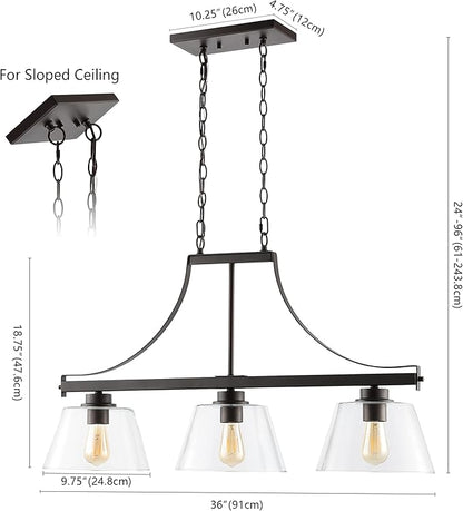 JONATHAN Y 36" Oil Rubbed Bronze 3-Light Iron and Glass Linear Pendant Light, Industrial Farmhouse Fixture for Kitchen Island Dining Room, UL Listed, LED Bulbs Included JYL7590A